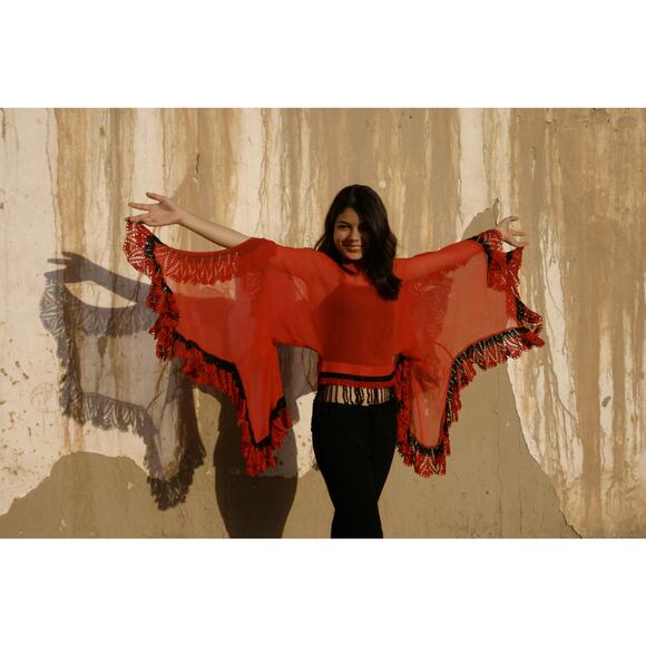 Y2K Handmade Angel Sleeve Ruby Red Black Silk Georgette Crochet Top Size Large - Picture 1 of 7